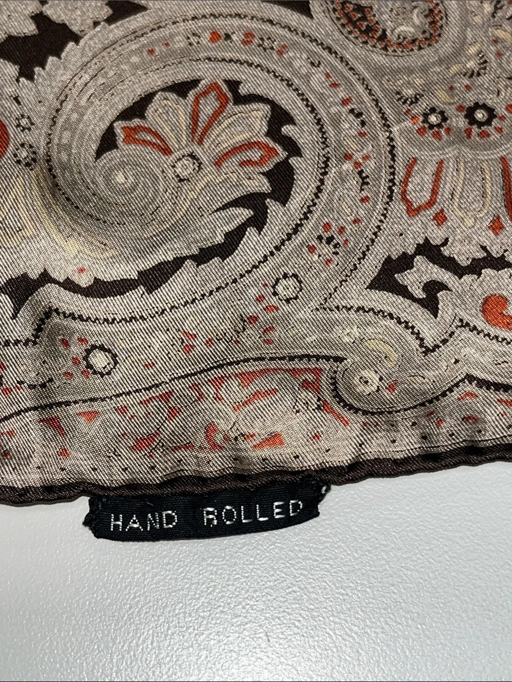 Source Unknown Taupe and Coral Paisley Square Silk Scarf